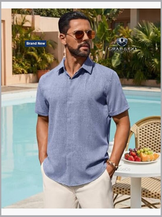 Men's Linen Blend Short Sleeve Button Down Shirt Relaxed Fit Summer Casual - Picture 4 of 7